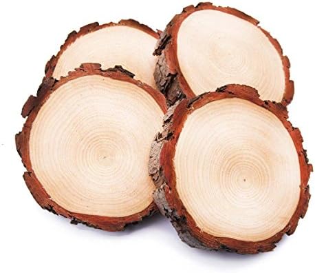 FahionFocus Rustic Wood Slices, 4 Packs Wooden coasters, Wedding Table Display Wood Slab, DIY Craft Wood Slices Rustic Wedding Decor(4.7-5.5 inch)