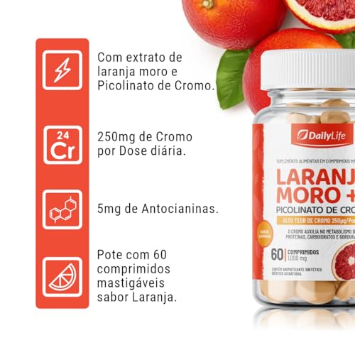 Kit 3x Laranja Moro + Picolinato de Cromo Chromium Picolinate 250mcg 60 Comprimidos Mastigaveis Importado - Daily Life