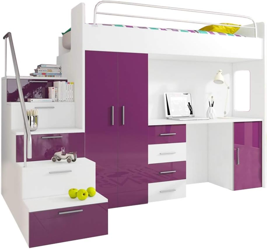 Ye Perfect Choice HIGH BED TALA 4S", MODERN SET WARDROBE, DESK BED MATTRESS, FUNCTIONAL DESIGN, HIGH GLOSS INSERTS 