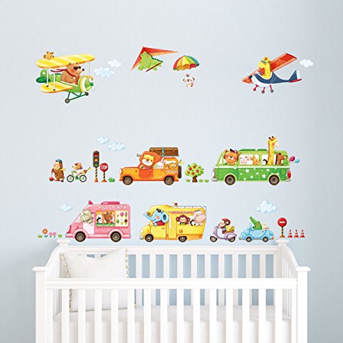 DECOWALL DAT-1806P1506C Animal Transports and Biplanes with Hang Glider Wall Stickers Kids Wall Stickers Wall Decals Peel and Stick Removable Wall Stickers for Kids Nursery Bedroom Living Room