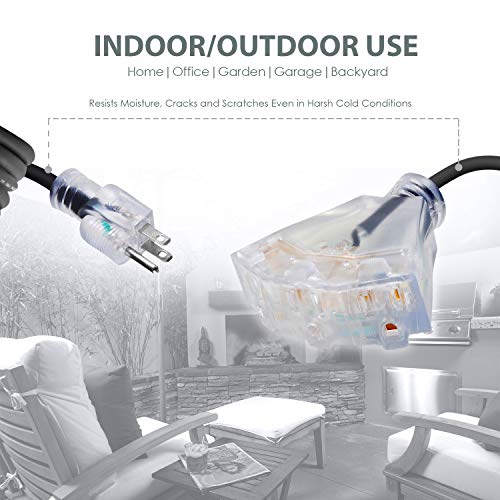 50 FT 16/3 Outdoor Extension Cord - Rubber, Flexible, Triple Outlet, Black Wire with Live Power Light Indicator. 13 Amp - Thumbnail 3
