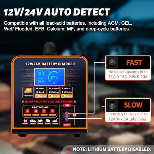 vFound 20A Professional Metal Charger 12 V/24 V Maintainer Automatic Smart Charger with Auto Stop, Repair, Winter Mode for Car Truck Motorcycle (Lead, AGM, GEL)