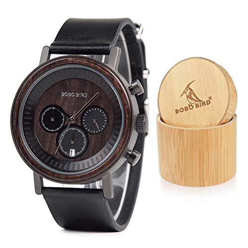 Mens Womens Simple Luxury Sport Wooden Watches Stainless Steel Wood Date & Chronograph WatchBlack