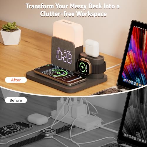 5 en 1 Station de Charge pour A-pple Reveil Chargeur Induction pour i Phone 17-11 pour air-pods A-pple Watch Chargeur sans Fil avec Lampe pour la Chambre à Coucher Adaptateur Inclus