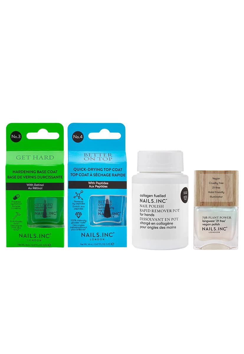 Nails.INC Healthiest Mani 4-Piece Nail Treatment Set – Strengthening Nail Care Kit with Hardening Base Coat, Quick-Dry Top Coat, Collagen Nail Polish Remover & 75% Plant-Based Nail Treatment