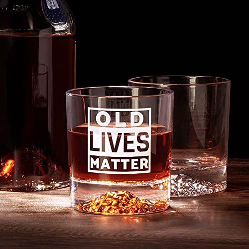 Mcherry OLD LIVES MATTER Whiskey Glass and Ice Ball Mold Gift Set , 10 oz Whiskey Glass - 2.5 Inch Round Ice Cube Molds Old Man Gift Ideas for Christmas Birthday Retirement Anniversary