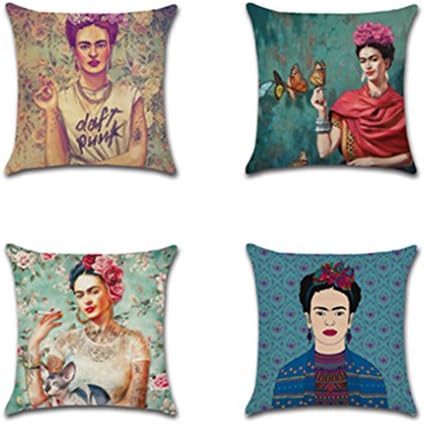 Joyi 4 Pack Frida Kahlo Self-Portrait Cotton Linen Throw Pillow Case Car Cushion Cover 18"x18",Pattern 4