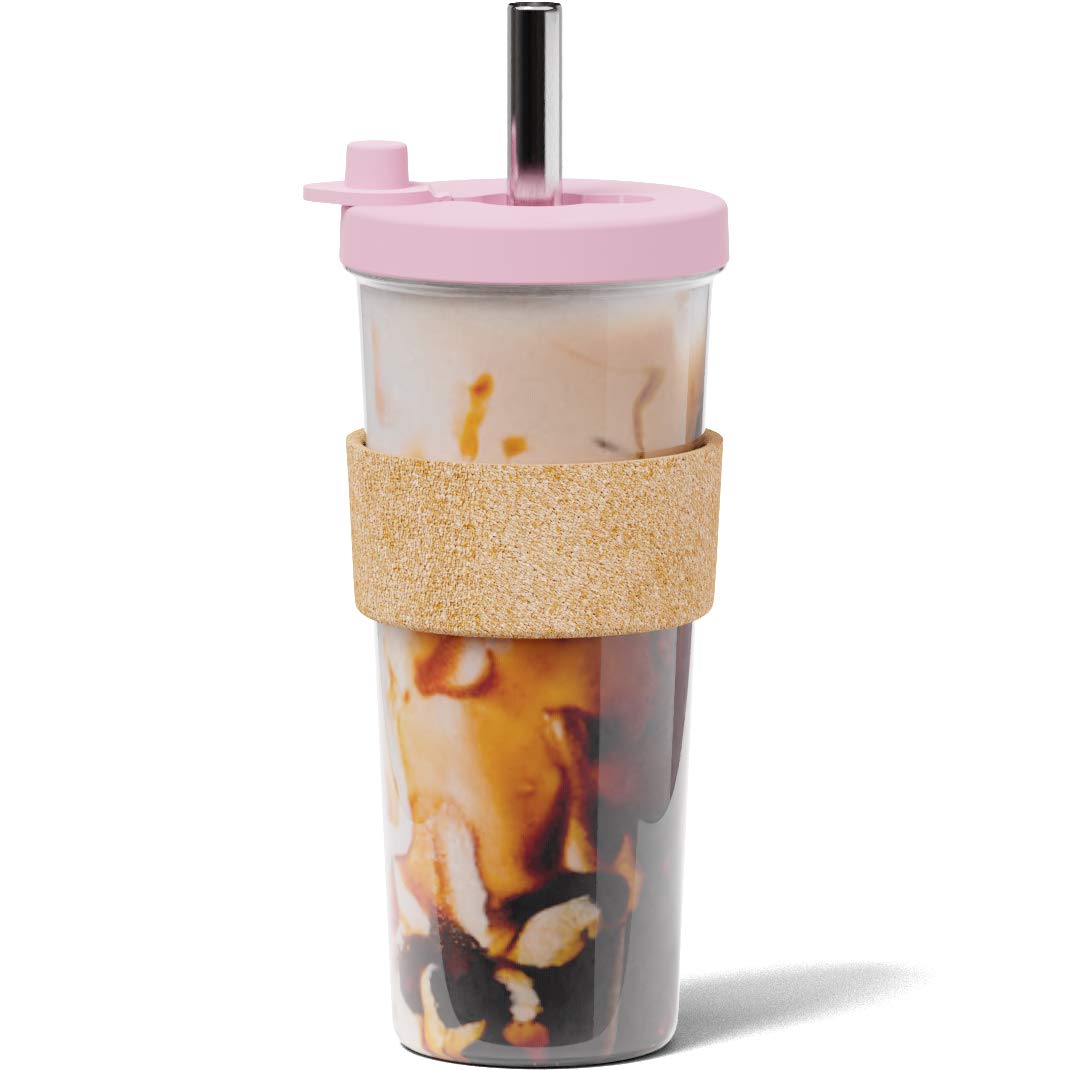 Dodoko Reusable Boba Cup and Straw - 24 oz Pink Bubble Tea Cup with Lid for Iced Coffee, Smoothies to Go