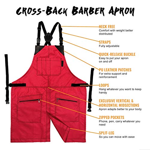 Cross-Back Barber Red Apron - Heavy-Duty Nylon, Water and Chemical Resistant, Zipped Pockets, No-Tie, Split-Leg - Adjustable for Men, Women - Pro Hair Stylist, Salon, Colorist, Artist - Thumbnail 2