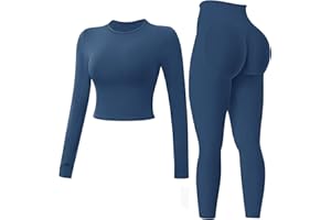 Seamless Workout Sets for Women 2 Piece Long Sleeve Top Hidden Scrunch Leggings Gym Outfits Yoga Tracksuit