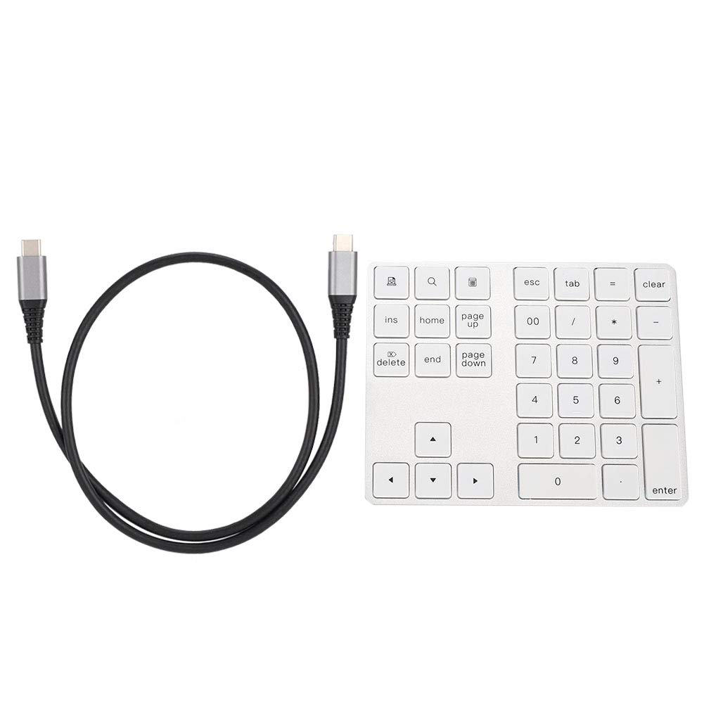 Wireless Number Keyboard, 34 Key Bluetooth Numeric Keypad with USB C 2*USB 3.0 HUB for Laptop/Pad/Smartphone, Protable Waterproof Aluminum Alloy Number Pad Compatible with Multiple Devices(Silver)