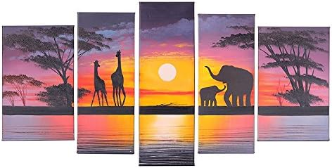 VASTING ART 5 Panel Oil Paintings Framed Canvas Wall Art, Hand Painted Modern Abtract Art Painting Sunset Elephants Ready to Hang for Bedroom Living Room Wall Decor