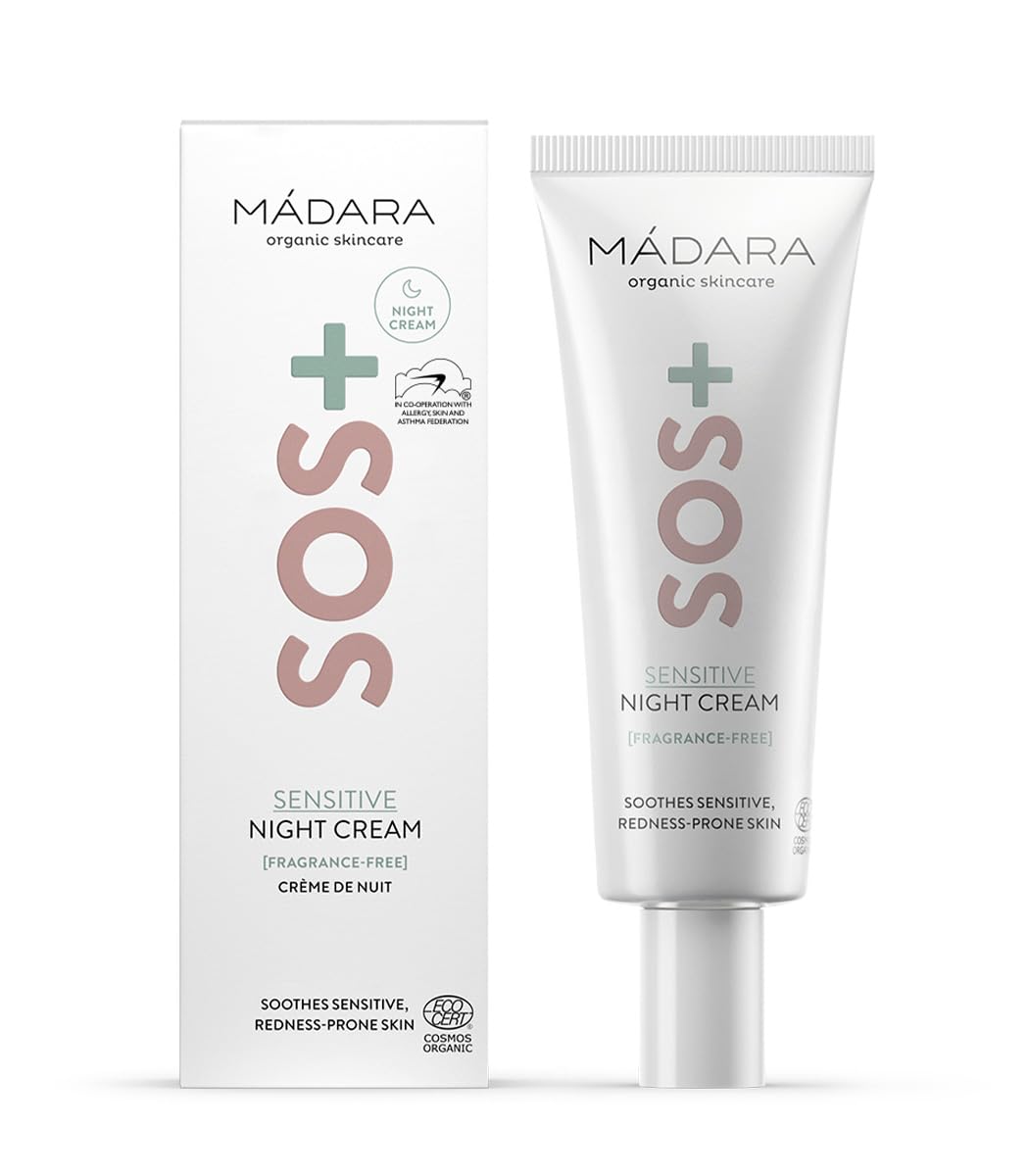 MÁDARA Organic Skincare | SOS + Sensitive Night Cream, 70ml – Calming Moisture for Sensitive, Redness-Prone Complexions, Dermatologically Proven to Soothe Redness, Fragrance and Colourant-Free