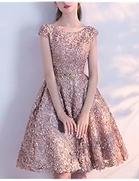fanhao Mujer Mangas cortas apliques Encaje Cintura Cinturón Prom Vestido de cóctel