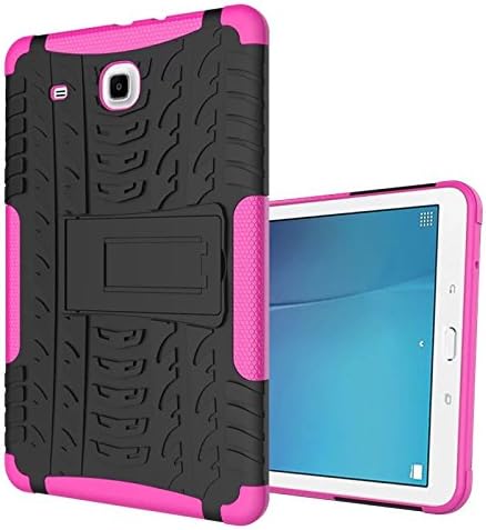Samsung Galaxy Tab E 9.6 Case, BAUBEY Rugged Armor Tough Heavy Duty Shockproof Hard Tire Tread Rubber Case Cover Stand for Samsung Galaxy Tab E 9.6 SM-T560/SM-T561/SM-T567 (Hot Pink)