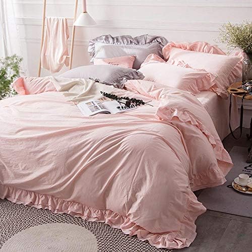 Solid Color Pillowcase 4-Pieces Bed Sheet Set Ruffled Quilt Cover Pleated Sheets Twill Lace Bedspread Cotton Coverlet -washedpowder-2.0m