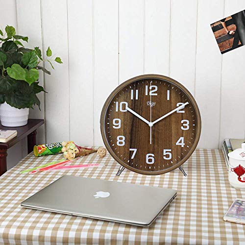 Justup 8 Inch Wood Table Clock, Retro Non-Ticking Table Desk Alarm Clock Battery Operated with Sweep Quartz Movement HD Glass Large Numerals Decorative for Bedroom Living Room Kids Room (Brown)