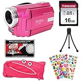 Vivitar DVR-508 HD Digital Video Camera Camcorder (Pink) with 16GB Card + Monster Case + Puffy Stickers + Tripod + Kit