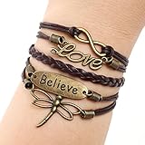 Bestpriceam Love Dragonfly Multilayer Knit Leather Rope Chain Charm Bracelet DIY Gift (Brown)