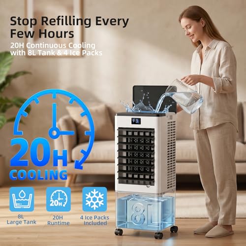 Portable Air Conditioners, 8L Evaporative Air Cooler with Remote and LED Display, 60W Energy-Efficient, 3 Speeds & 4 Modes, 12H Timer, 120°Oscillation, Portable AC Units for Rooms Bedroom Home Office