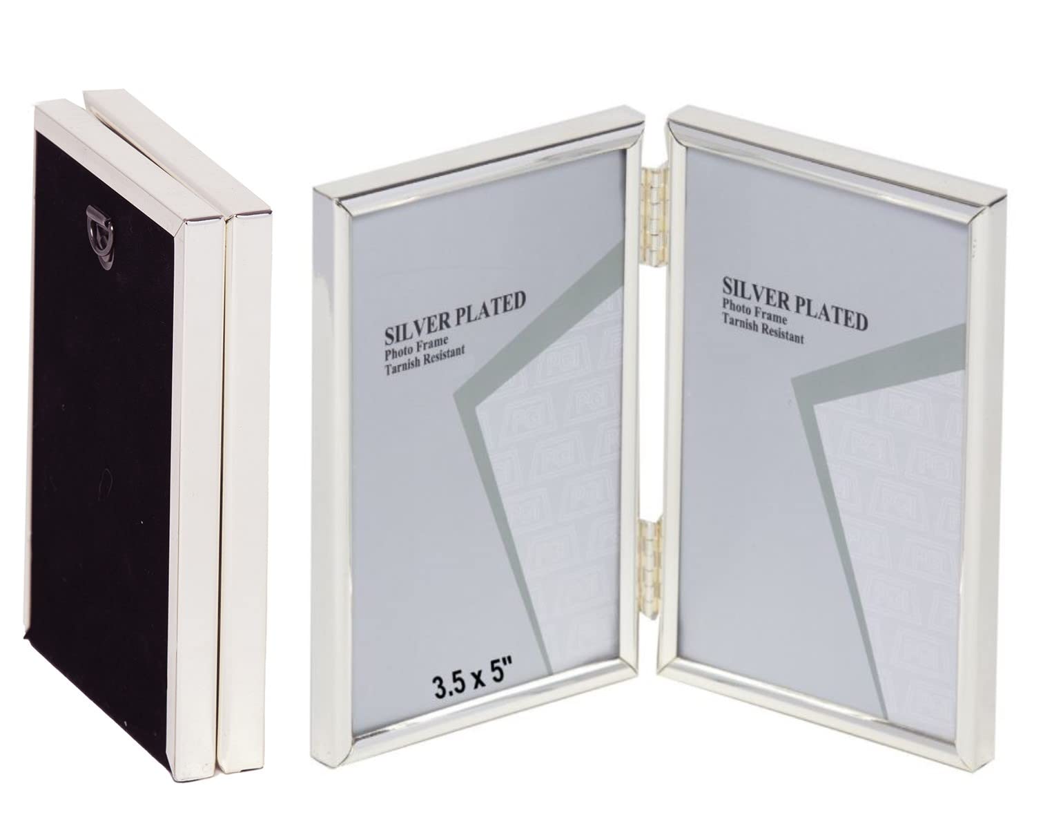 3.5 x 5-inch Silver Thin Edge DOUBLE PORTRAIT Photo Frames with hooks, can stand and hang - Velveteen Backing - Tarnish Resistant (3.5 x 5-inch)