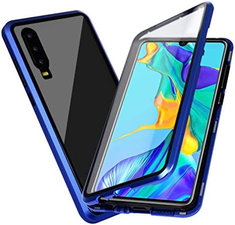 LaVibe Compatible with Huawei P30 Transparent Case 2 in 1 Magnetic Adsorption Case Cover Metal Bumper Frame + Double-sided Tempered Film 360 Degree Protection Cover Royal Blue