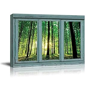 Vintage Teal Window Looking Out Into a Greenery Forest - Canvas Art Home Art - 24x36 inches