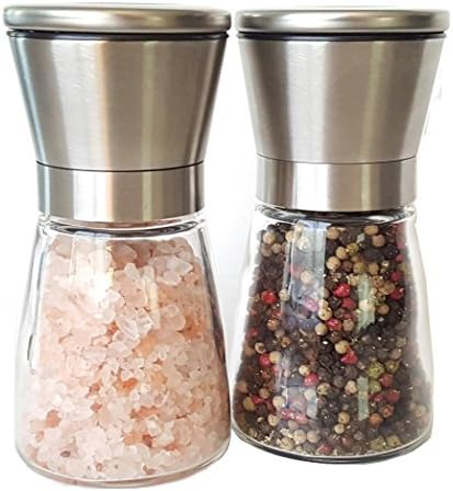 SALE: Foodie Original Salt and Pepper Mill Set - Spice Grinder Set with Adjustable Coarseness - Salt and Pepper Shaker finished with Brushed Stainless Steel – Non-Corrosive Ceramic Blades – 150ml