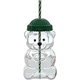 2025 Glass Bear Cup with Straw & Lid,Bear Cup Straw 20oz, Aesthetic Drinking Glass for Coffee, Beer, Wine, Cocktails, Cute Glassware Set
