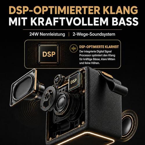 MG II Bluetooth Speaker, 24W RMS Continuous Power, Bluetooth 6.0, DSP Sound, IP67 Waterproof & Dustproof, 17H+ Battery, RGB Light, TWS Stereo, 3 EQ Modes, Type-C Charging, AUX/TF/USB, Black & Brass