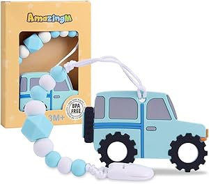 Baby SUV Car Teething Toys,Food Grade Silicone Teether Toy with Pacifier Clip Holder,BPA Free,Freezer Safe,Teething Egg for Boy and Girl (Blue)