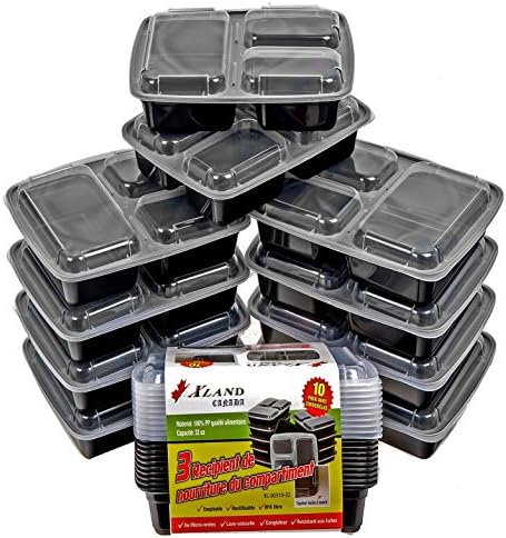 3 Compartment Bento Box Meal Prep Container Food Storage Tray With Lids. 32 oz Plastic Bento Boxes Black 100% Food Grade PP (10)