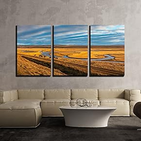 3 Piece Canvas Wall Art - Vast Landscape with Yellow Grass and Horses in Autumn - Modern Home Art Stretched and Framed Ready to Hang - 16"x24"x3 Panels