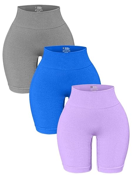 OQQ 3 PACK HIGH WAISTED YOGA SHORTS FOR WOMEN RIBBED SEAMLESS TUMMY CONTROL WORKOUT ATHLETIC SHORTS SILVERGREY BLUE LAVENDER