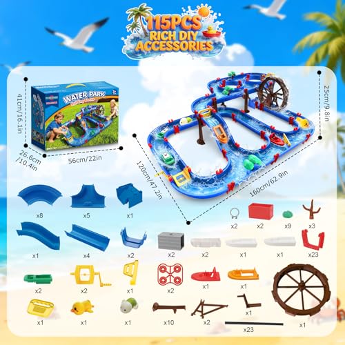 TERRAMUS 2-Tier Water Table Toys with Watermill for Kids, Upgraded Large 115PCS Water Park Playset, Summer Toys DIY Waterways for Backyard Beach Pool Lawn,Outdoor Toy for 3-5 4-8, Gifts for Boys Girls