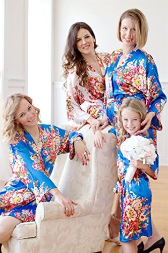 American Cuteness Silk Robes &amp; Gift Pouches - Floral Satin Kimono Robe, Bridesmaid Gift, Bachelorette Bridal Party Getting Ready, Wedding Favor (Plus Size (14-22 US), Royal Blue)