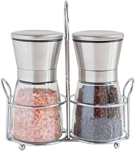 Salt and Pepper Grinders with Stand - Spice Mill with Adjustable Coarseness - Brushed Stainless Steel Salt and Pepper Mill Set