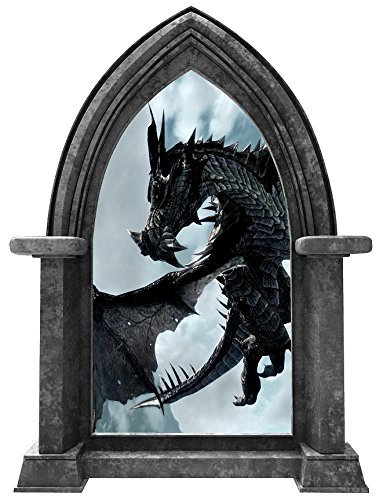 24" Castle Scape Black Dragon #1 Granite Stone Castle Window Wall Decal Sticker Mural Medieval Mythical Fantasy Fairytale Game of Thrones Kids Playroom Wall Art Decor