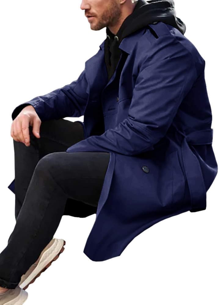 Men's Trench Coat Slim fit Long Lapel Double Breasted Belted Windbreaker Jacket Windproof Button Overcoat at  Men’s Clothing store