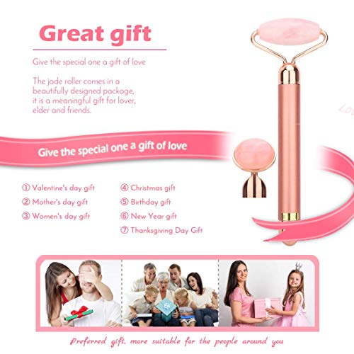 2-IN-1 Electric Jade Roller Facial Massager, Nature Rose Quartz Beauty Bar Face Roller Kit, Arm Eye Nose Massage Stone for Face Lift,Anti-Aging,Anti-Wrinkles,Skin Tightening,Face Firming