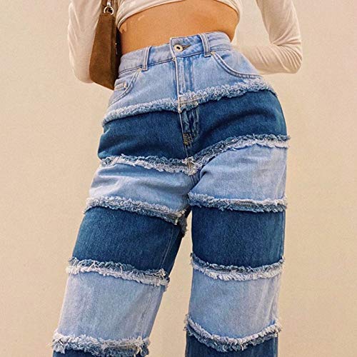 N / D Women's High Waist Patchwork Distressed Denim Jeans - Vintage Straight Leg Pants (Blue, Size S) - View #8