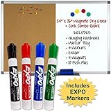Magnetic Dry Erase and Cork Combo Board: 24x36, Aluminum Frame with 4 Markers, 4 Magnets, 10 Push Pins, 1 Eraser, Marker Tray & Hanging Hardware Included