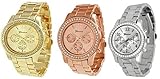 Geneva Silver Gold and Rose Gold Plated Classic Round CZ Ladies Boyfriend Watch