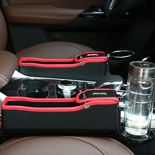 Onewell Multi-fuctional Car Seat Leather Storage Box, Console Side Pocket, Gap Catcher with Coin Organizer and Cup Holder (Set of 2, Black)