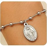 Navirix Gold Virgin Mary Charm Bracelet,Stainless Steel Ball Chain Bracelet for Women,Cross Adjustable Bracelets Baptism Faith Jewelry Gift