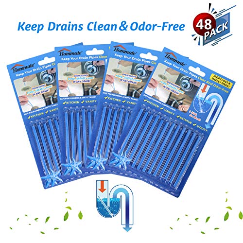 Drain Cleaner & Deodorizer Sticks Drain Sticks Drain Stix for Clog Odor Unscented Non-Toxic for Sinks Kitchen Bathroom Pipes Septic Tank Safe As Seen On TV (48pcs, Blue)
