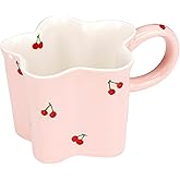 DODAMOUR Star Ceramic Coffee Mug with Mini Cherry Pattern, 10 oz Cute Large Tea Cup for Milk, Cereal, Ideal for Afternoon Tea, Office, Home, Novelty Gift Mug for Women and Girls (Pink)