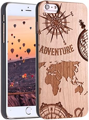 Wood iPhone 6 Case, iPhone 6S Cover, Real Natural Wood Carving Wooden Pattern Protection for Apple iPhone 6 / 6S Case (Cherry Wood - Adventure Compass)