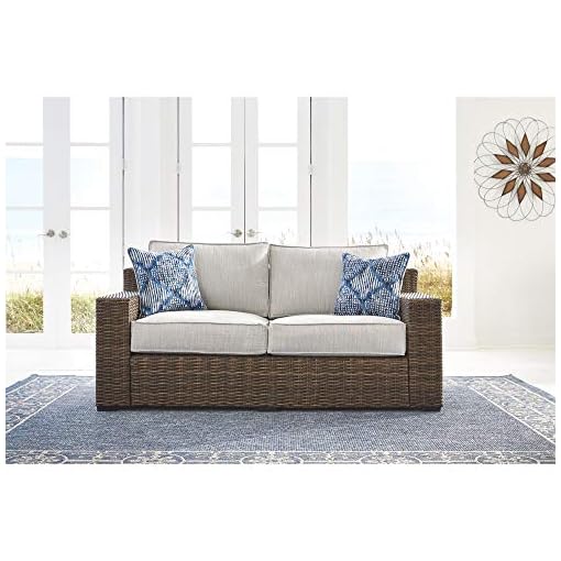 Ashley Furniture Signature Design Alta Grande Outdoor Loveseat With Cushion Beige Brown Beachfront Decor