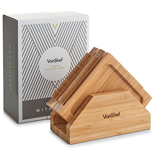 VonShef Jigsaw Platter Cheese Board with Display Stand, Natural Bamboo Wooden Charcuterie and Meat Serving Boards, 4 Connecting Coaster Plates Included, H6 X W6 X D0.5 Inches